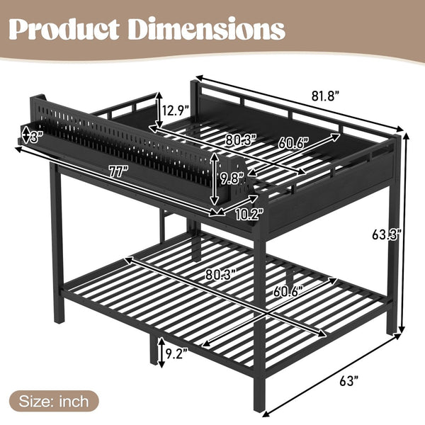 English Elm Queen Over Metal Bunk Bed with LED Lighting USB Ports Shelves and Pegboard Black W5316S00053