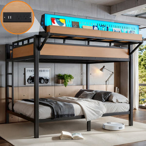 English Elm Queen Over Metal Bunk Bed with LED Lighting USB Ports Shelves and Pegboard Natural W5316S00054