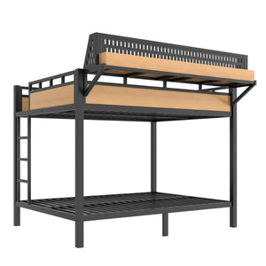 English Elm Queen Over Metal Bunk Bed with LED Lighting USB Ports Shelves and Pegboard Natural W5316S00054