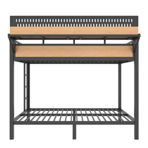 English Elm Queen Over Metal Bunk Bed with LED Lighting USB Ports Shelves and Pegboard Natural W5316S00054