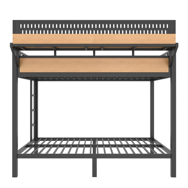 English Elm Queen Over Metal Bunk Bed with LED Lighting USB Ports Shelves and Pegboard Natural W5316S00054