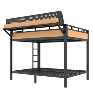 English Elm Queen Over Metal Bunk Bed with LED Lighting USB Ports Shelves and Pegboard Natural W5316S00054