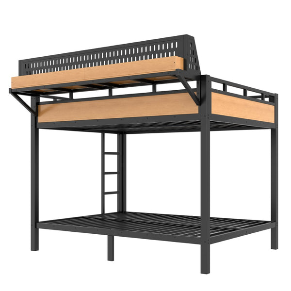 English Elm Queen Over Metal Bunk Bed with LED Lighting USB Ports Shelves and Pegboard Natural W5316S00054