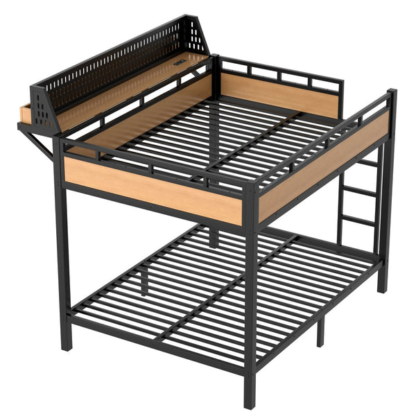 English Elm Queen Over Metal Bunk Bed with LED Lighting USB Ports Shelves and Pegboard Natural W5316S00054