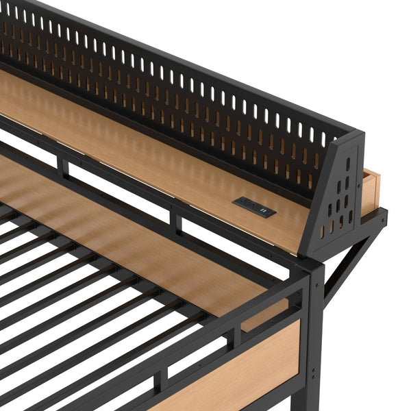English Elm Queen Over Metal Bunk Bed with LED Lighting USB Ports Shelves and Pegboard Natural W5316S00054