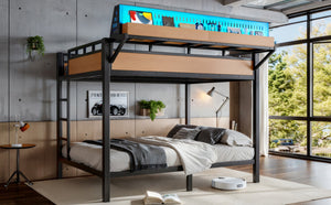 English Elm Queen Over Metal Bunk Bed with LED Lighting USB Ports Shelves and Pegboard Natural W5316S00054