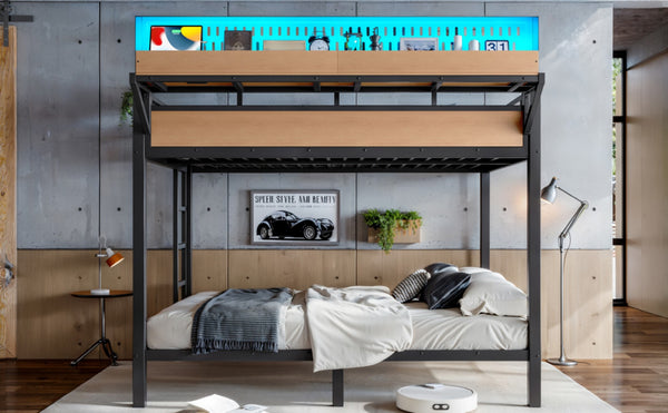 English Elm Queen Over Metal Bunk Bed with LED Lighting USB Ports Shelves and Pegboard Natural W5316S00054