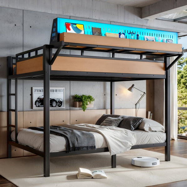 English Elm Queen Over Metal Bunk Bed with LED Lighting USB Ports Shelves and Pegboard Natural W5316S00054