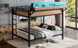 English Elm Queen Over Metal Bunk Bed with LED Lighting USB Ports Shelves and Pegboard Natural W5316S00054