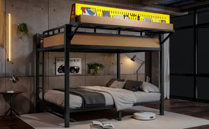 English Elm Queen Over Metal Bunk Bed with LED Lighting USB Ports Shelves and Pegboard Natural W5316S00054