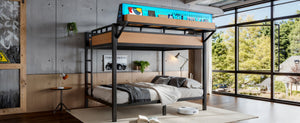 English Elm Queen Over Metal Bunk Bed with LED Lighting USB Ports Shelves and Pegboard Natural W5316S00054