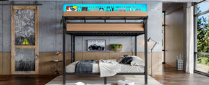 English Elm Queen Over Metal Bunk Bed with LED Lighting USB Ports Shelves and Pegboard Natural W5316S00054