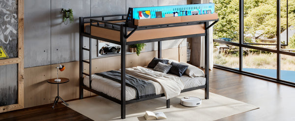 English Elm Queen Over Metal Bunk Bed with LED Lighting USB Ports Shelves and Pegboard Natural W5316S00054
