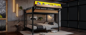 English Elm Queen Over Metal Bunk Bed with LED Lighting USB Ports Shelves and Pegboard Natural W5316S00054