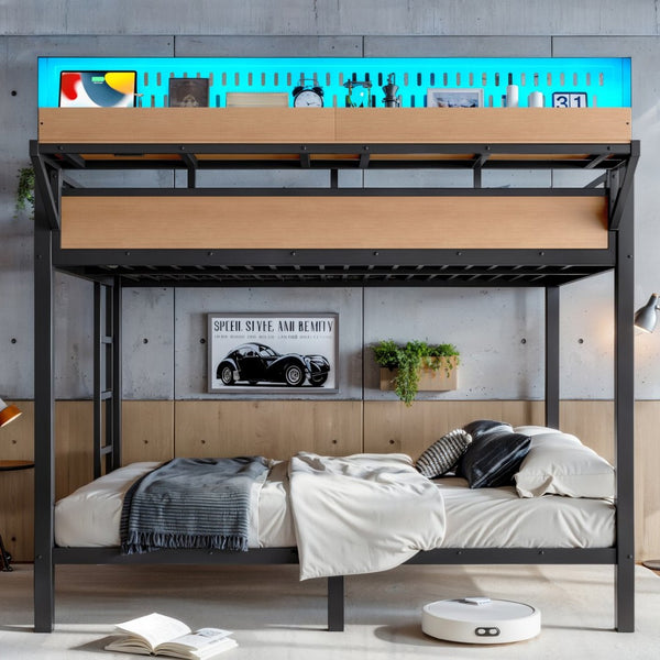 English Elm Queen Over Metal Bunk Bed with LED Lighting USB Ports Shelves and Pegboard Natural W5316S00054