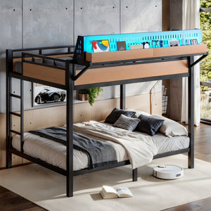 English Elm Queen Over Metal Bunk Bed with LED Lighting USB Ports Shelves and Pegboard Natural W5316S00054
