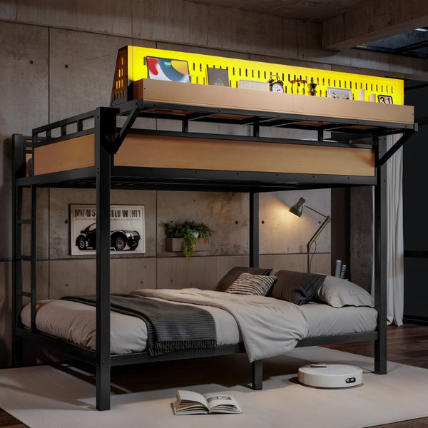 English Elm Queen Over Metal Bunk Bed with LED Lighting USB Ports Shelves and Pegboard Natural W5316S00054