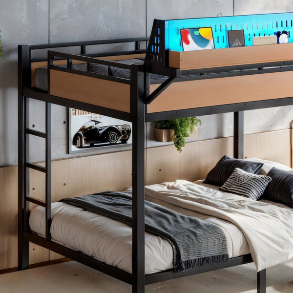English Elm Queen Over Metal Bunk Bed with LED Lighting USB Ports Shelves and Pegboard Natural W5316S00054