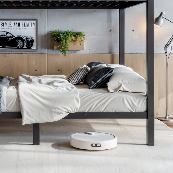 English Elm Queen Over Metal Bunk Bed with LED Lighting USB Ports Shelves and Pegboard Natural W5316S00054