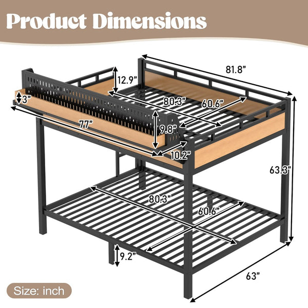 English Elm Queen Over Metal Bunk Bed with LED Lighting USB Ports Shelves and Pegboard Natural W5316S00054