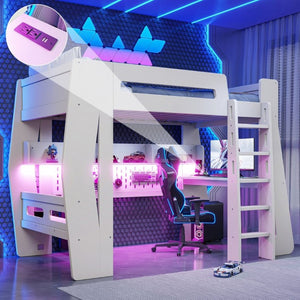 English Elm Twin/Full Gaming Loft Bed with Built-In Desk LED Lighting Shelves for Teen Rooms Beige W5316S00055