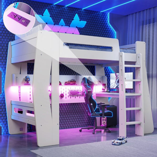 English Elm Twin/Full Gaming Loft Bed with Built-In Desk LED Lighting Shelves for Teen Rooms Beige W5316S00055