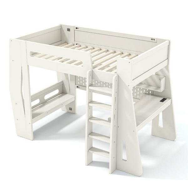 English Elm Twin/Full Gaming Loft Bed with Built-In Desk LED Lighting Shelves for Teen Rooms Beige W5316S00055