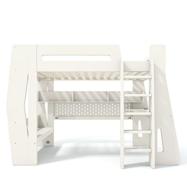 English Elm Twin/Full Gaming Loft Bed with Built-In Desk LED Lighting Shelves for Teen Rooms Beige W5316S00055