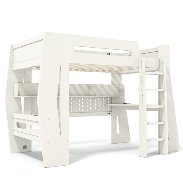 English Elm Twin/Full Gaming Loft Bed with Built-In Desk LED Lighting Shelves for Teen Rooms Beige W5316S00055