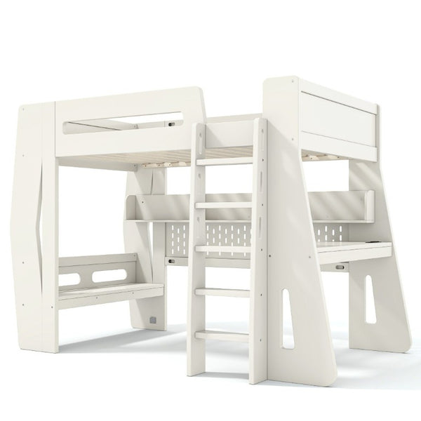 English Elm Twin/Full Gaming Loft Bed with Built-In Desk LED Lighting Shelves for Teen Rooms Beige W5316S00055
