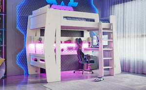 English Elm Twin/Full Gaming Loft Bed with Built-In Desk LED Lighting Shelves for Teen Rooms Beige W5316S00055