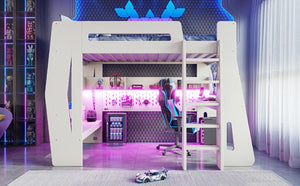 English Elm Twin/Full Gaming Loft Bed with Built-In Desk LED Lighting Shelves for Teen Rooms Beige W5316S00055
