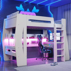 English Elm Twin/Full Gaming Loft Bed with Built-In Desk LED Lighting Shelves for Teen Rooms Beige W5316S00055