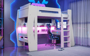 English Elm Twin/Full Gaming Loft Bed with Built-In Desk LED Lighting Shelves for Teen Rooms Beige W5316S00055
