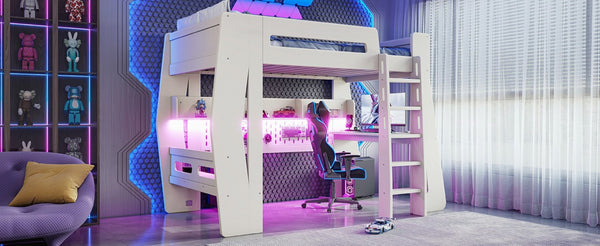 English Elm Twin/Full Gaming Loft Bed with Built-In Desk LED Lighting Shelves for Teen Rooms Beige W5316S00055