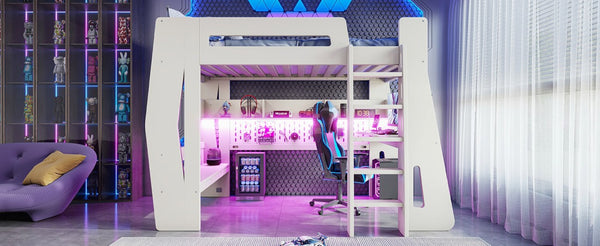 English Elm Twin/Full Gaming Loft Bed with Built-In Desk LED Lighting Shelves for Teen Rooms Beige W5316S00055