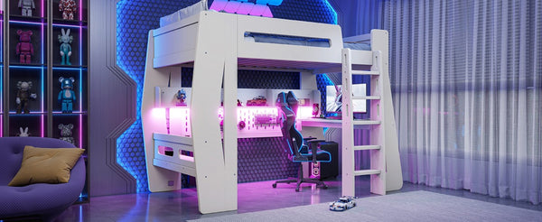 English Elm Twin/Full Gaming Loft Bed with Built-In Desk LED Lighting Shelves for Teen Rooms Beige W5316S00055