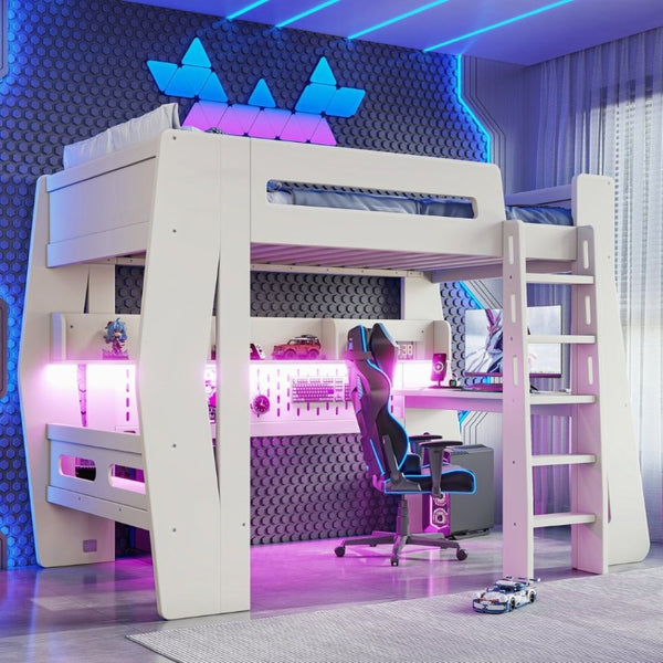 English Elm Twin/Full Gaming Loft Bed with Built-In Desk LED Lighting Shelves for Teen Rooms Beige W5316S00055