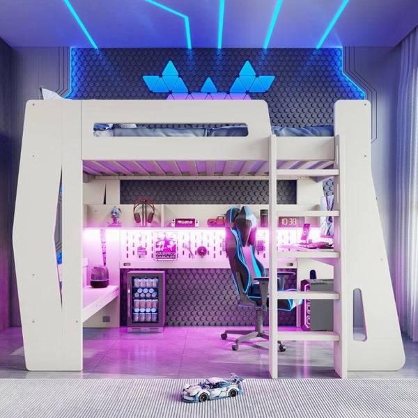 English Elm Twin/Full Gaming Loft Bed with Built-In Desk LED Lighting Shelves for Teen Rooms Beige W5316S00055