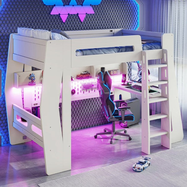 English Elm Twin/Full Gaming Loft Bed with Built-In Desk LED Lighting Shelves for Teen Rooms Beige W5316S00055