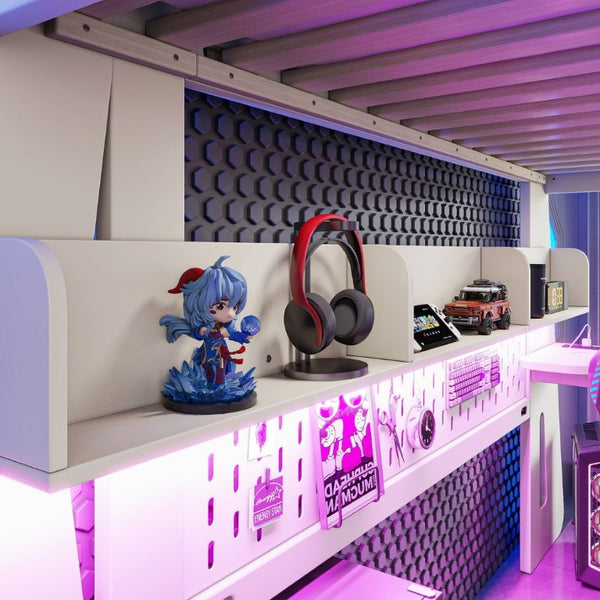 English Elm Twin/Full Gaming Loft Bed with Built-In Desk LED Lighting Shelves for Teen Rooms Beige W5316S00055
