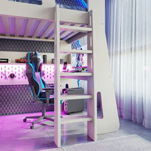 English Elm Twin/Full Gaming Loft Bed with Built-In Desk LED Lighting Shelves for Teen Rooms Beige W5316S00055