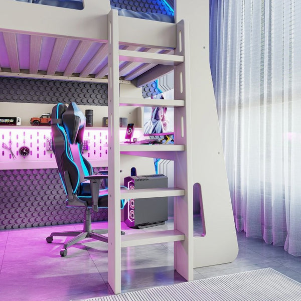 English Elm Twin/Full Gaming Loft Bed with Built-In Desk LED Lighting Shelves for Teen Rooms Beige W5316S00055