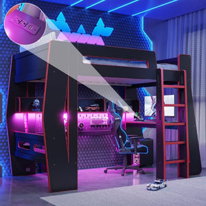 English Elm Twin/Full Gaming Loft Bed with Built-In Desk LED Lighting Shelves for Teen Rooms Black+Red W5316S00056