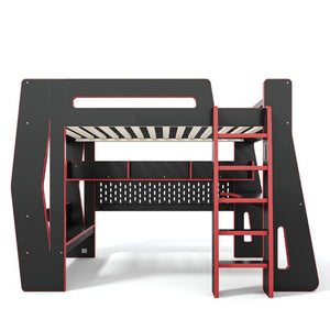 English Elm Twin/Full Gaming Loft Bed with Built-In Desk LED Lighting Shelves for Teen Rooms Black+Red W5316S00056
