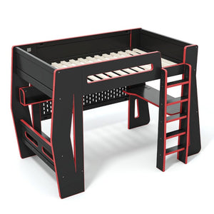 English Elm Twin/Full Gaming Loft Bed with Built-In Desk LED Lighting Shelves for Teen Rooms Black+Red W5316S00056