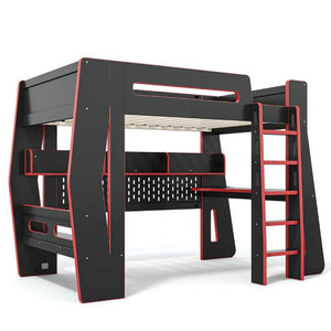 English Elm Twin/Full Gaming Loft Bed with Built-In Desk LED Lighting Shelves for Teen Rooms Black+Red W5316S00056