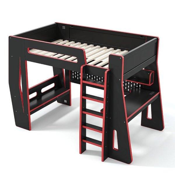 English Elm Twin/Full Gaming Loft Bed with Built-In Desk LED Lighting Shelves for Teen Rooms Black+Red W5316S00056