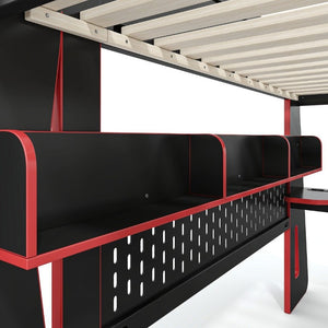 English Elm Twin/Full Gaming Loft Bed with Built-In Desk LED Lighting Shelves for Teen Rooms Black+Red W5316S00056