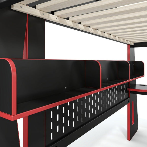 English Elm Twin/Full Gaming Loft Bed with Built-In Desk LED Lighting Shelves for Teen Rooms Black+Red W5316S00056